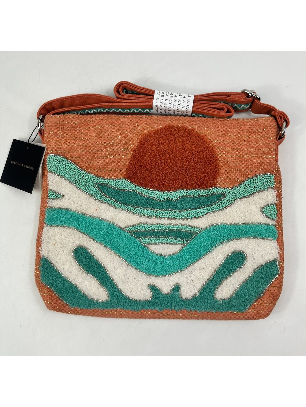 America & Beyond Make Waves Beaded Crossbody Bag Purse Sunset Orange NWT